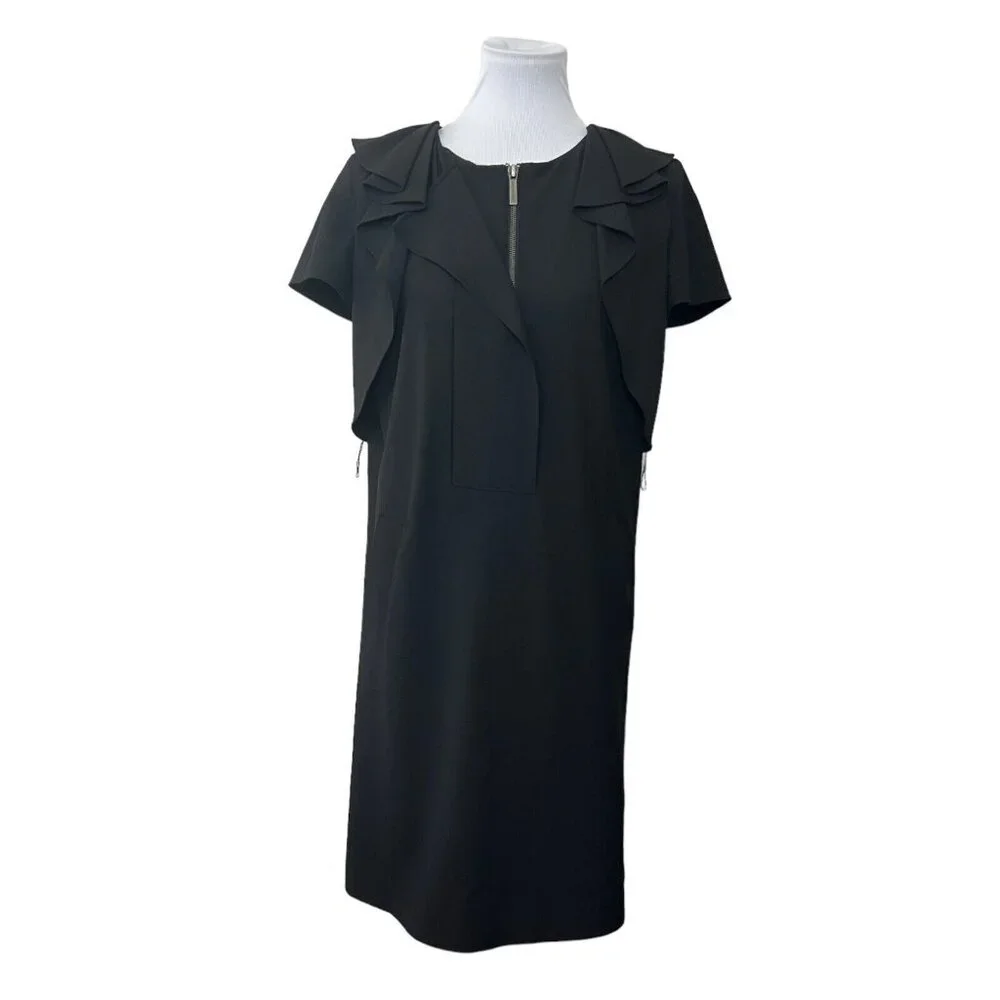 Michael Kors Womens  Ruffle Short Sleeve Exposed Zipper Midi Dress‎ Black Small